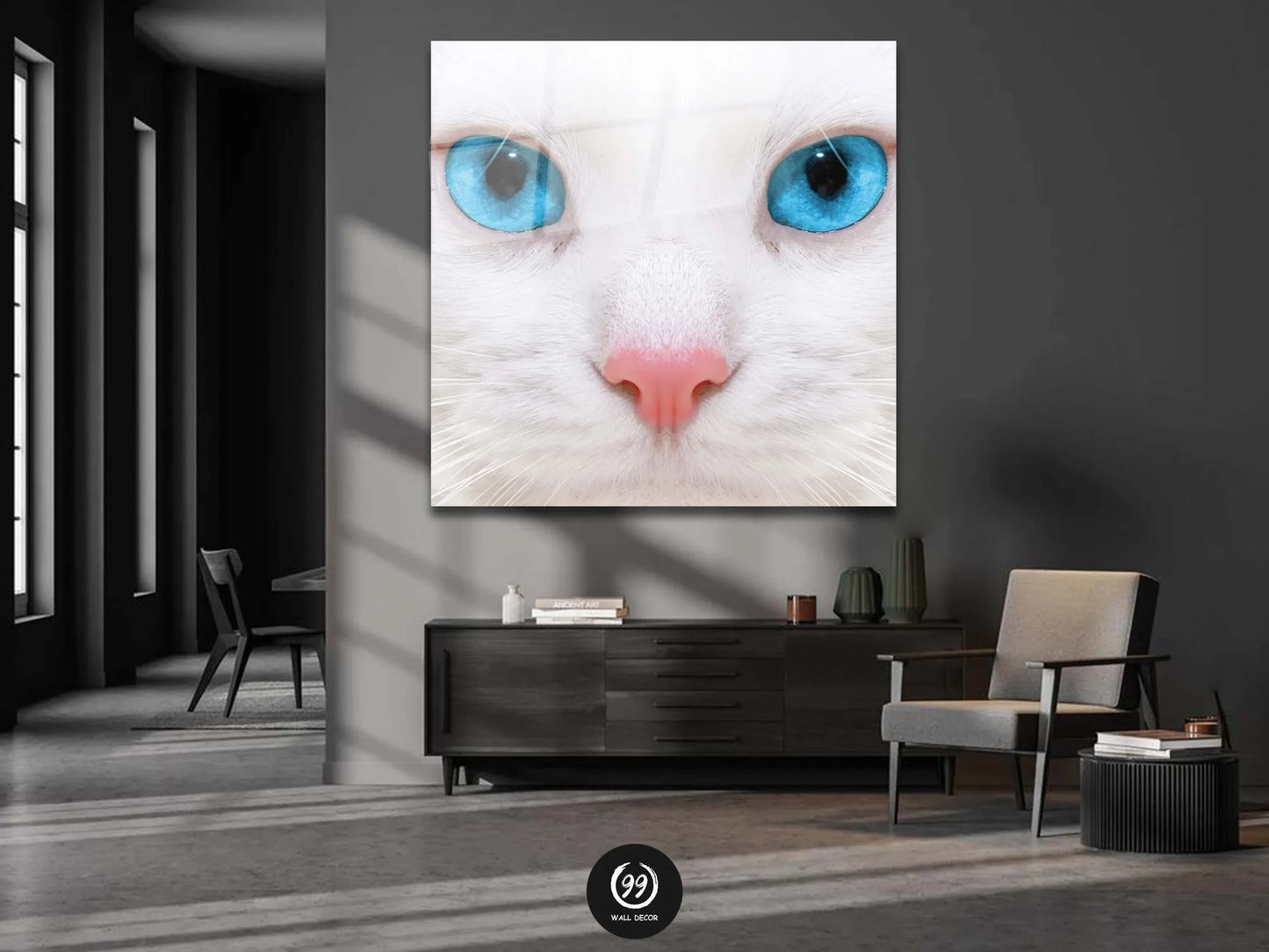 White Cat Glass Canvas, White and Blue Wall Decor, Cat Glass Canvas, Tempered Glass Painting Wall Art
