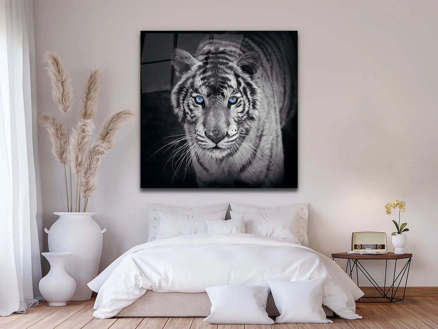 Black and White Tiger with Blue Eyes Wall Art Glass Canvas | Home Décor, Tempered Glass, Glass Painting Wall Art