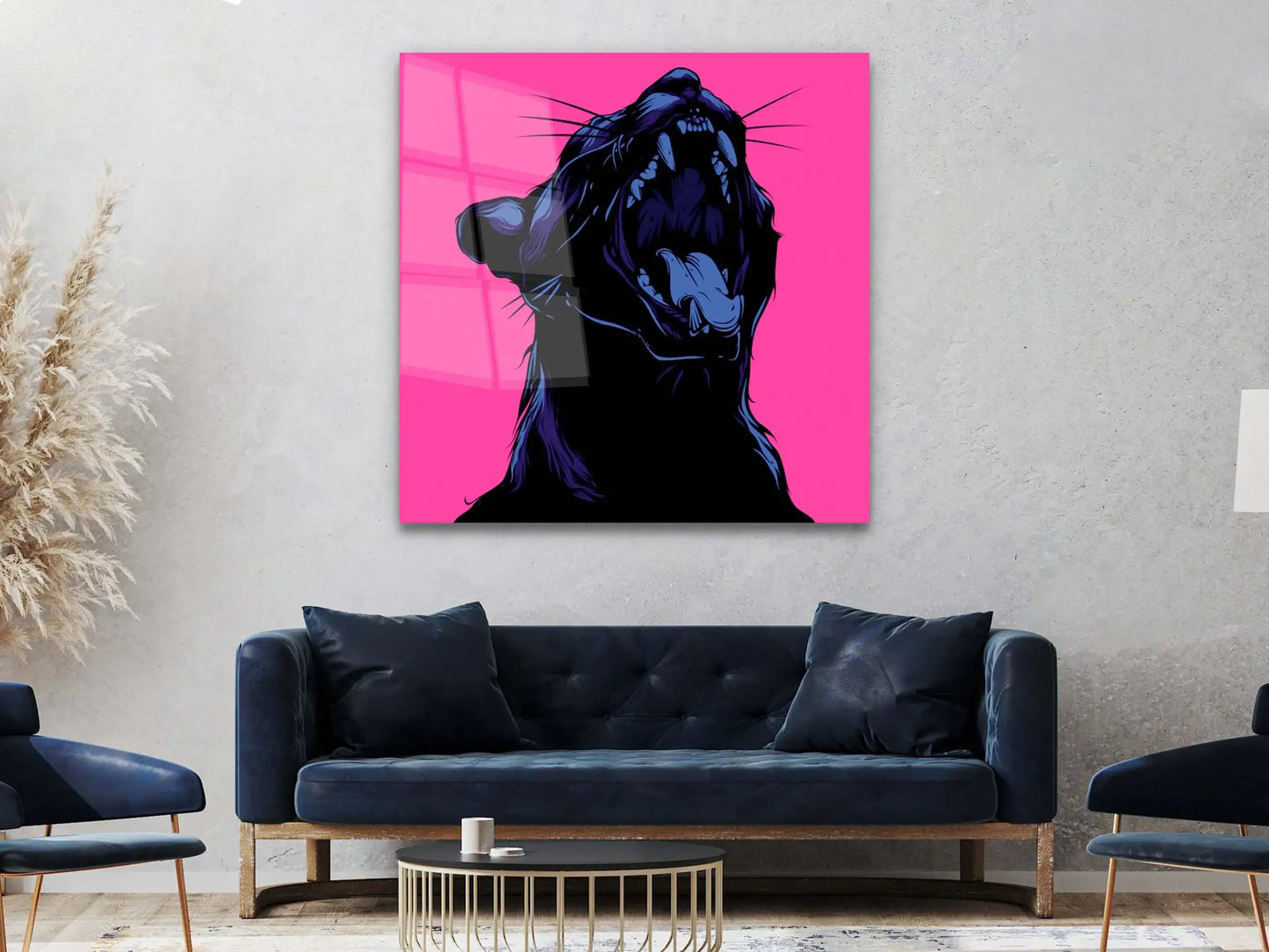 Animal Glass Canvas , Black Cat Canvas Poster, Jaguar With Pink Background, Tempered Glass Wall Décor, Jaguar Wall Art