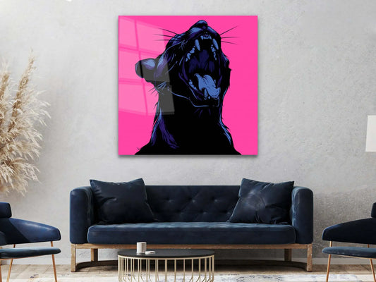 Animal Glass Canvas , Black Cat Canvas Poster, Jaguar With Pink Background, Tempered Glass Wall Décor, Jaguar Wall Art