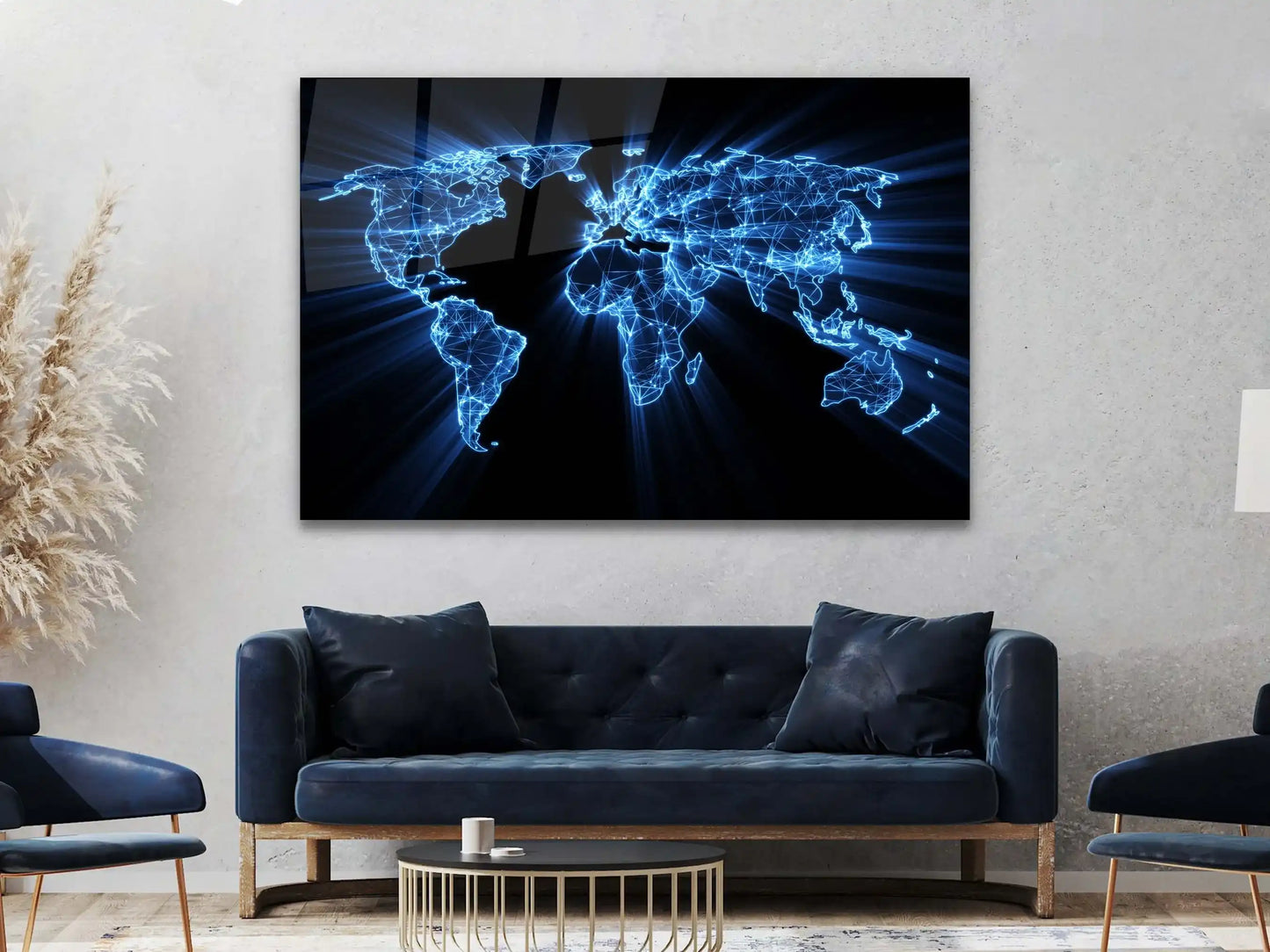 Blue Map Glass Wall Art, Wall Art, Wall Décor, Glass Large Wall Art, Tempered Glass Wall Art