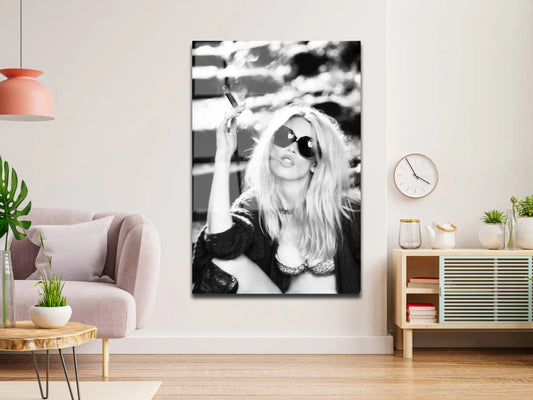 Woman with Cigarette Glass Canvas, Claudia Schiffer with Cigarette Wall Décor, Tempered Glass wall art, Woman wall Décor