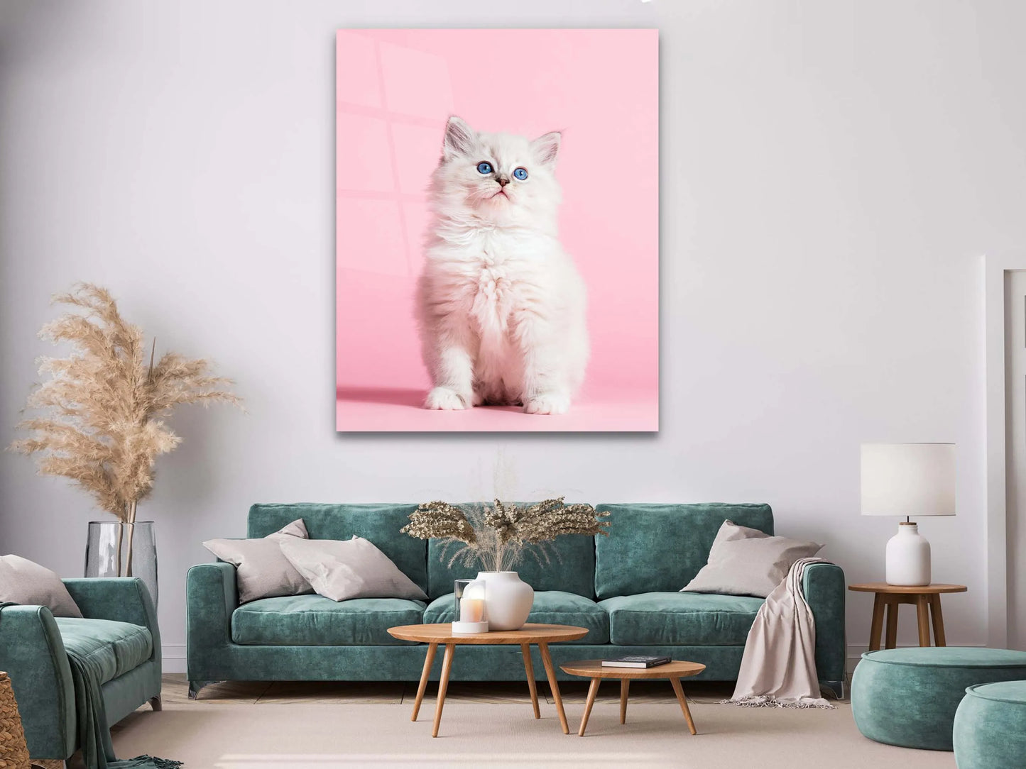 Animal Glass Wall Art, White Cat Tempered Glass Wall Décor, Cat with Pink Background Wall Art