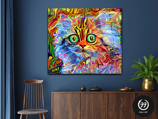 Abstract Cat Pet Painting Glass Wall Art, Abstract Cat