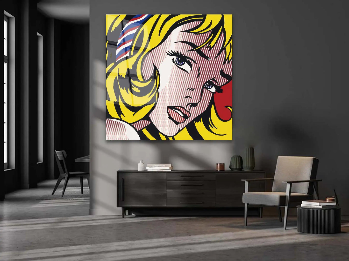 Abstract Colorful Woman Canvas, Girl with Hair Ribbon Wall Décor,  Roy Lichtenstein Print Wall Art, Tempered Glass