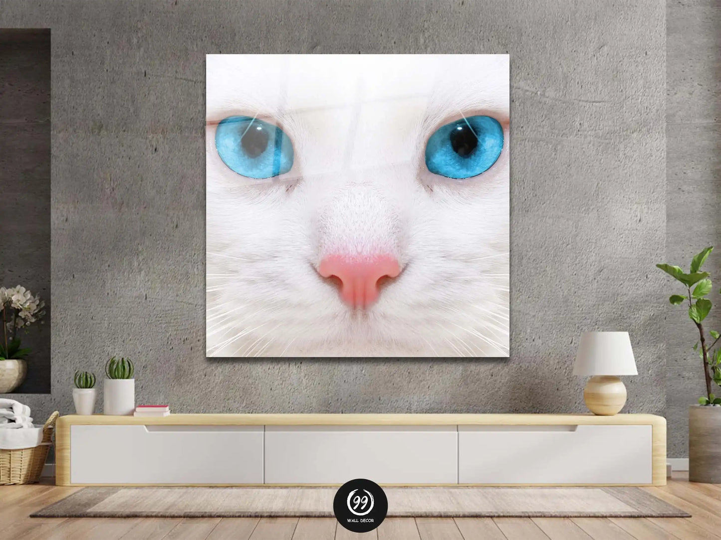 White Cat Glass Canvas, White and Blue Wall Decor, Cat Glass Canvas, Tempered Glass Painting Wall Art
