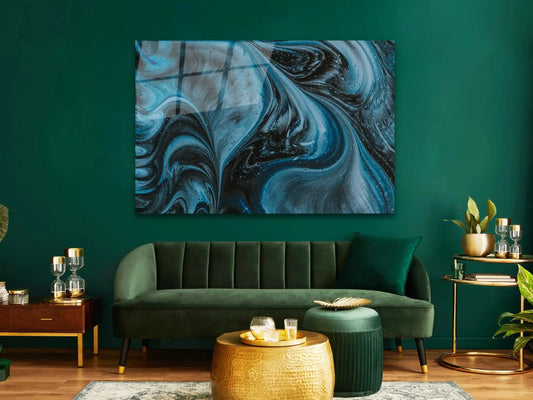 Abstract Tempered Glass Wall Art  , Blue Marble ,  Glass Painting Wall Art, Modern Wall Art