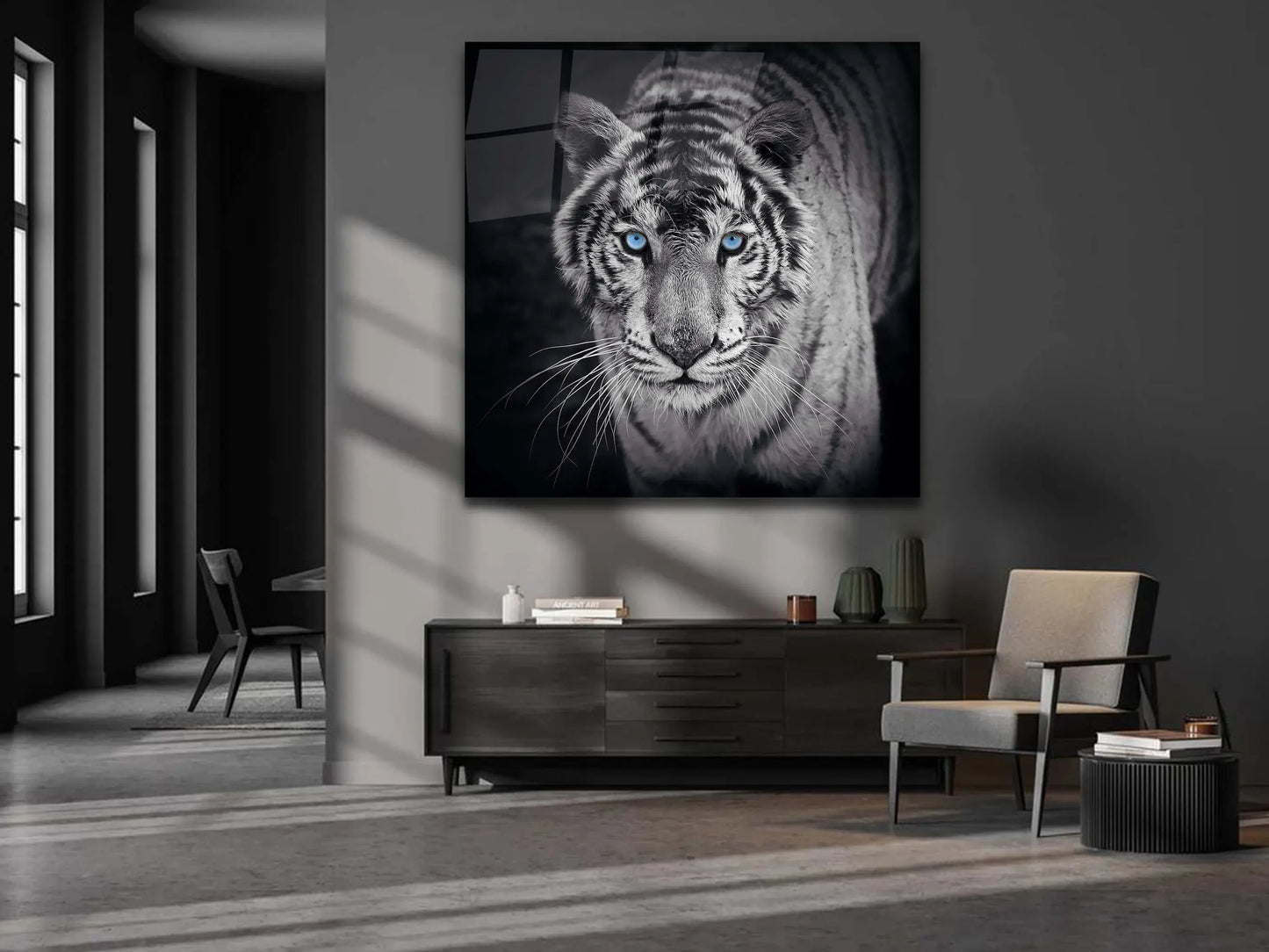 Black and White Tiger with Blue Eyes Wall Art Glass Canvas | Home Décor, Tempered Glass, Glass Painting Wall Art