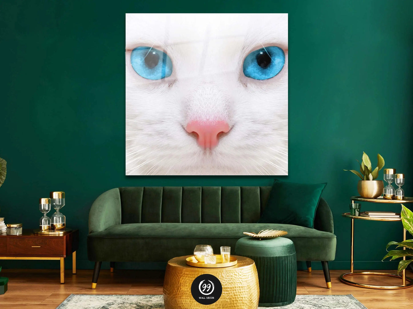 White Cat Glass Canvas, White and Blue Wall Decor, Cat Glass Canvas, Tempered Glass Painting Wall Art