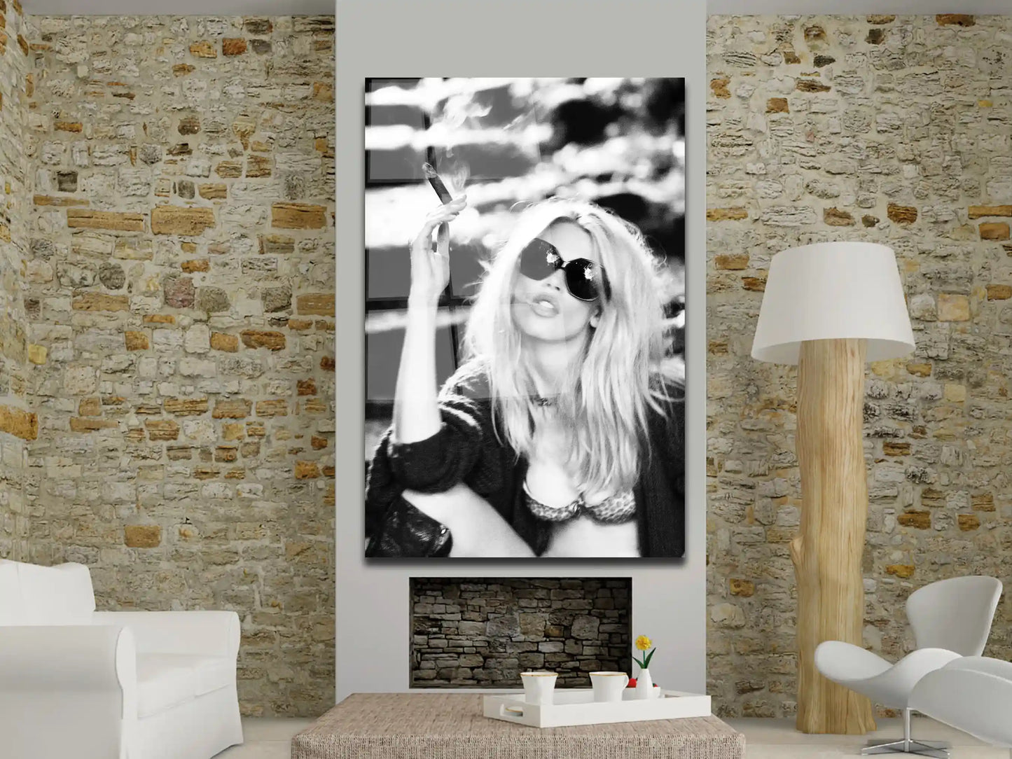 Woman with Cigarette Glass Canvas, Claudia Schiffer with Cigarette Wall Décor, Tempered Glass wall art, Woman wall Décor