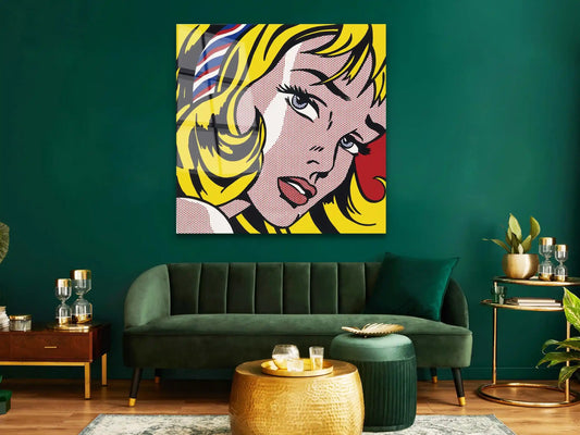 Abstract Colorful Woman Canvas, Girl with Hair Ribbon Wall Décor,  Roy Lichtenstein Print Wall Art, Tempered Glass