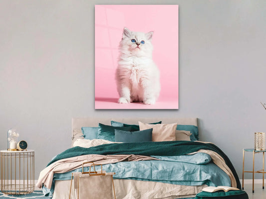 Animal Glass Wall Art, White Cat Tempered Glass Wall Décor, Cat with Pink Background Wall Art