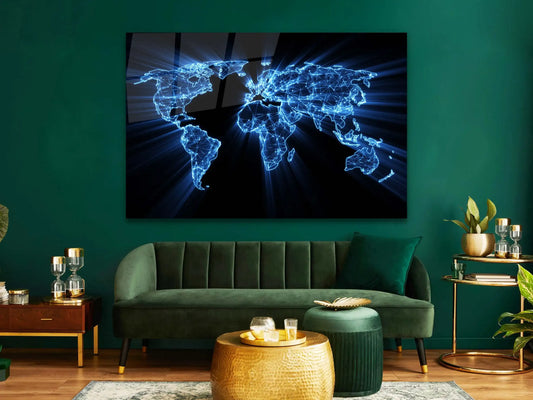Blue Map Glass Wall Art, Wall Art, Wall Décor, Glass Large Wall Art, Tempered Glass Wall Art