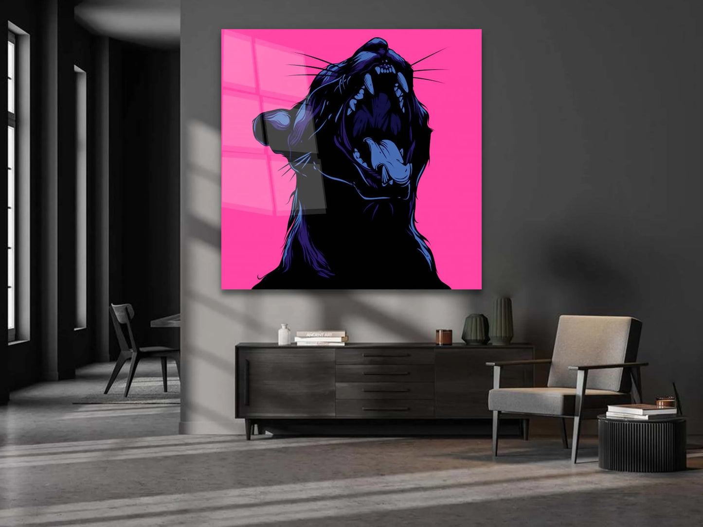 Animal Glass Canvas , Black Cat Canvas Poster, Jaguar With Pink Background, Tempered Glass Wall Décor, Jaguar Wall Art