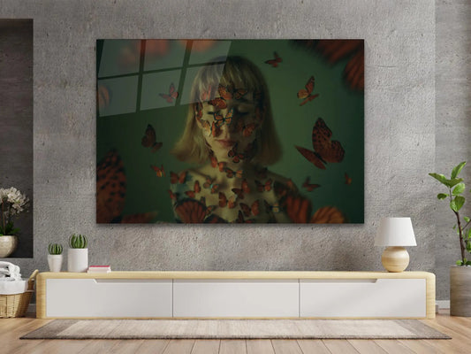 Woman with Butterfly Wall Art, Glass Art Wall, Modern Glass Canvas, Home Décor, Tempered Glass