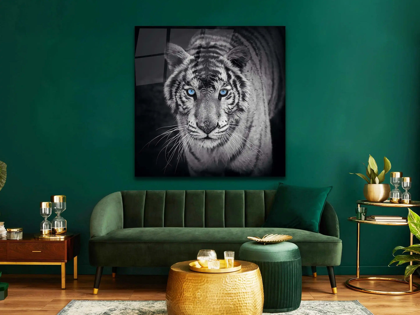Black and White Tiger with Blue Eyes Wall Art Glass Canvas | Home Décor, Tempered Glass, Glass Painting Wall Art