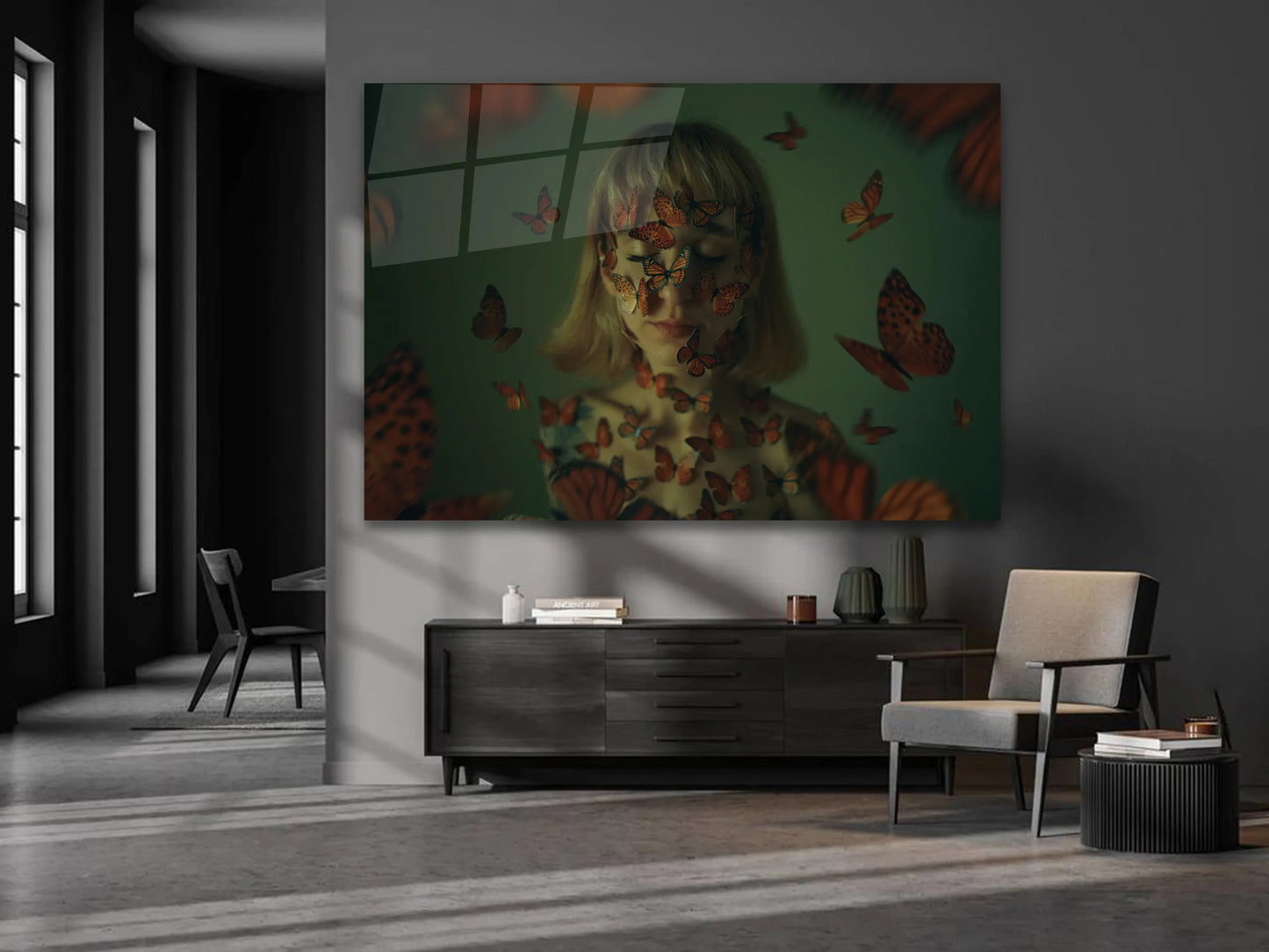 Woman with Butterfly Wall Art, Glass Art Wall, Modern Glass Canvas, Home Décor, Tempered Glass
