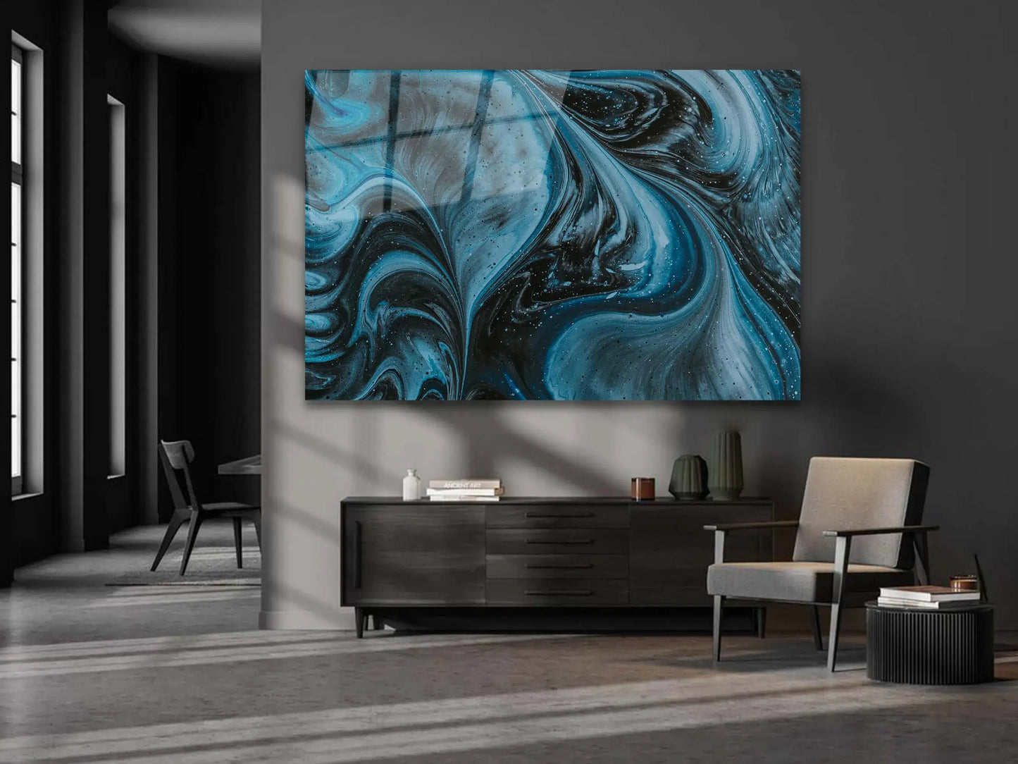Abstract Tempered Glass Wall Art  , Blue Marble ,  Glass Painting Wall Art, Modern Wall Art