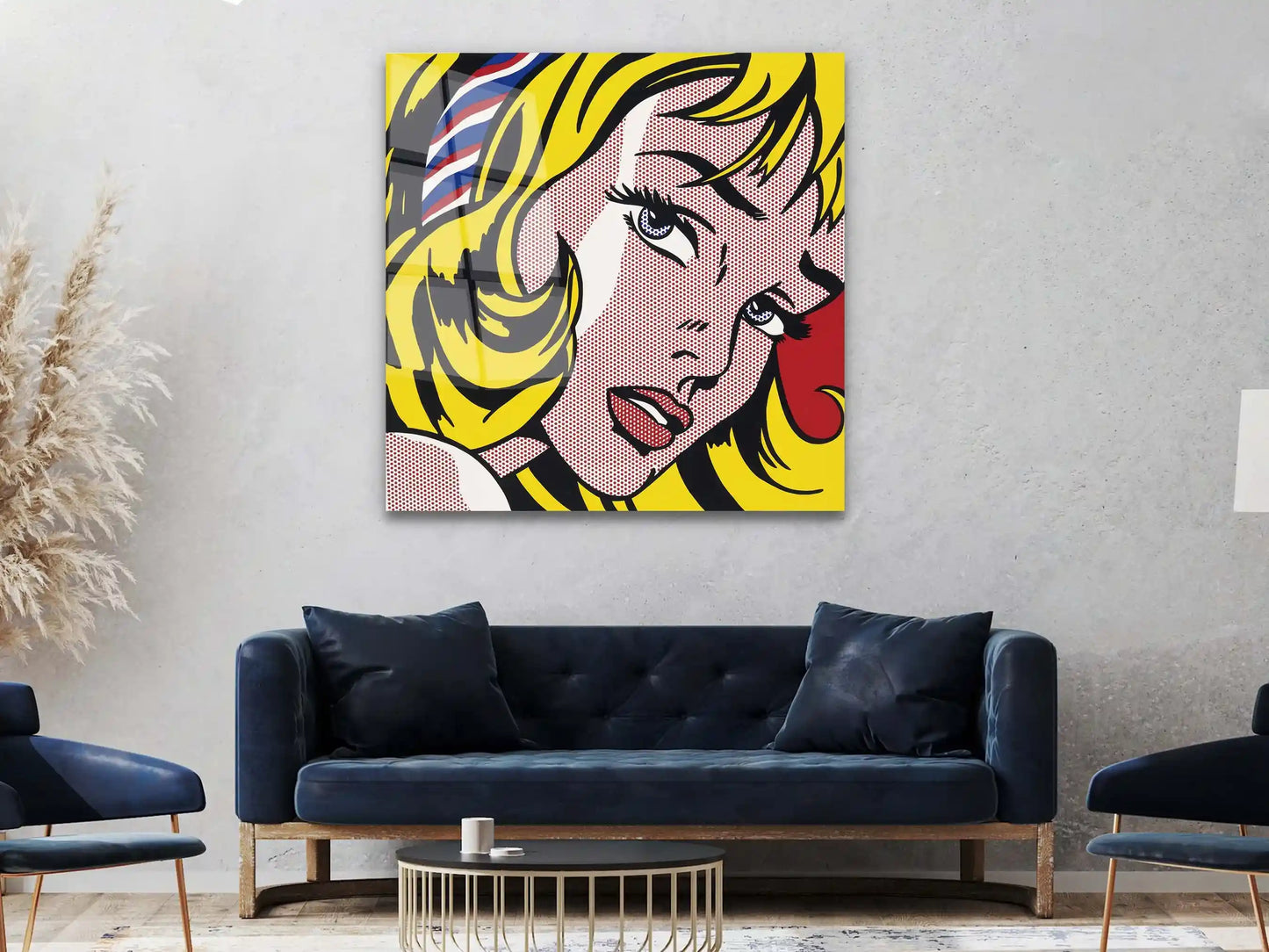 Abstract Colorful Woman Canvas, Girl with Hair Ribbon Wall Décor,  Roy Lichtenstein Print Wall Art, Tempered Glass