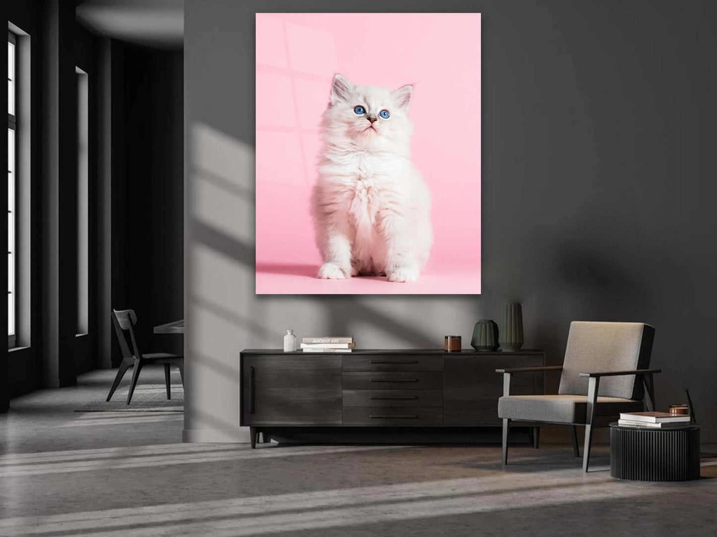 Animal Glass Wall Art, White Cat Tempered Glass Wall Décor, Cat with Pink Background Wall Art