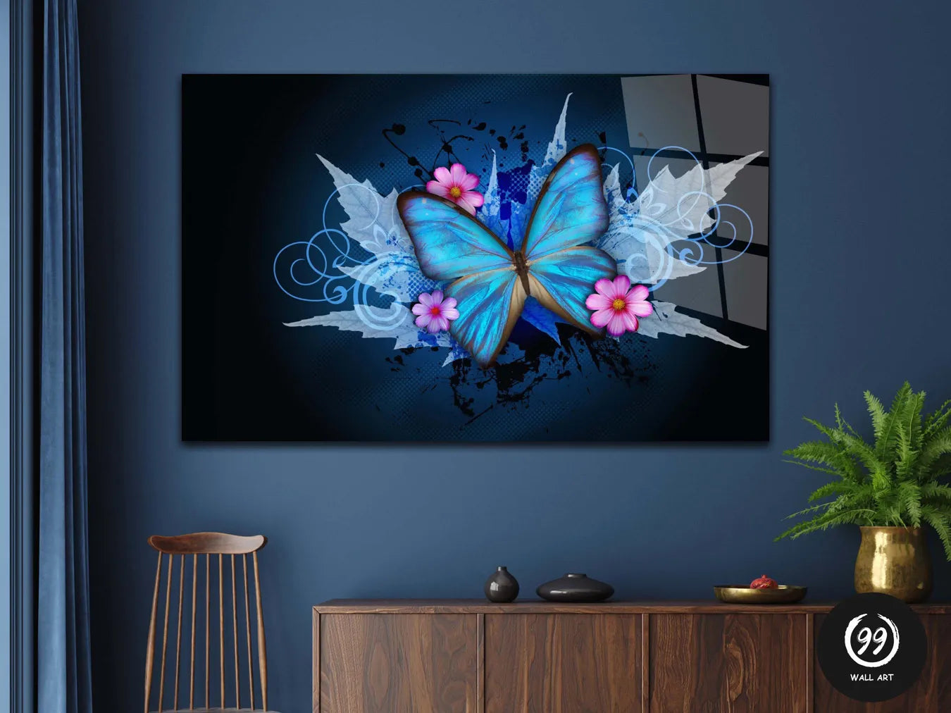 Abstract Blue Butterfly Tempered Glass Printing Wall Art, Wall Decor