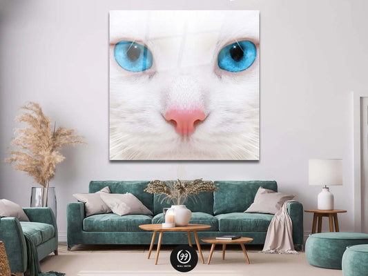 White Cat Glass Canvas, White and Blue Wall Decor, Cat Glass Canvas, Tempered Glass Painting Wall Art