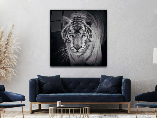 Black and White Tiger with Blue Eyes Wall Art Glass Canvas | Home Décor, Tempered Glass, Glass Painting Wall Art