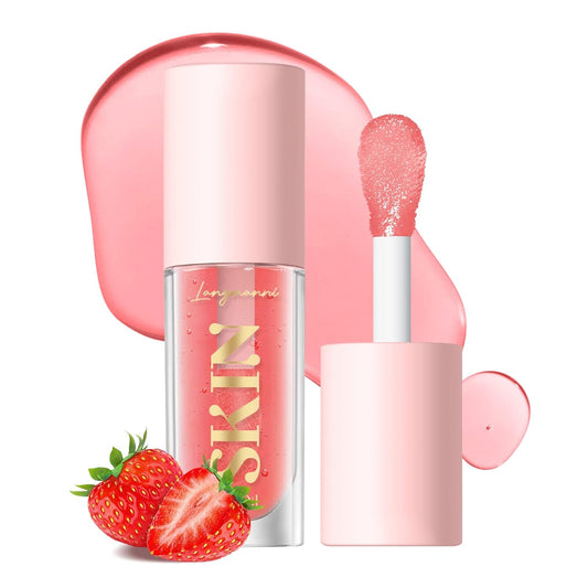 BANGFENG Big Brush Head Lip Glow Oil Plumping Tint, Tinted Lip Balm Transparent Lip Care, Moisturizing Non-sticky Fresh Shiny Texture Lip Oil - Strawberry (Pink)