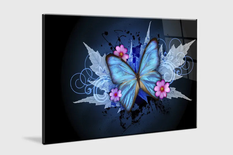 Abstract Blue Butterfly Tempered Glass Printing Wall Art, Wall Decor