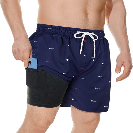 Zando Mens Swimming Trunks with Mesh Lining Beach Swim Shorts with Mesh Liner Mens Swim Trunks with Compression Liner Navy Blue Fish Bone L