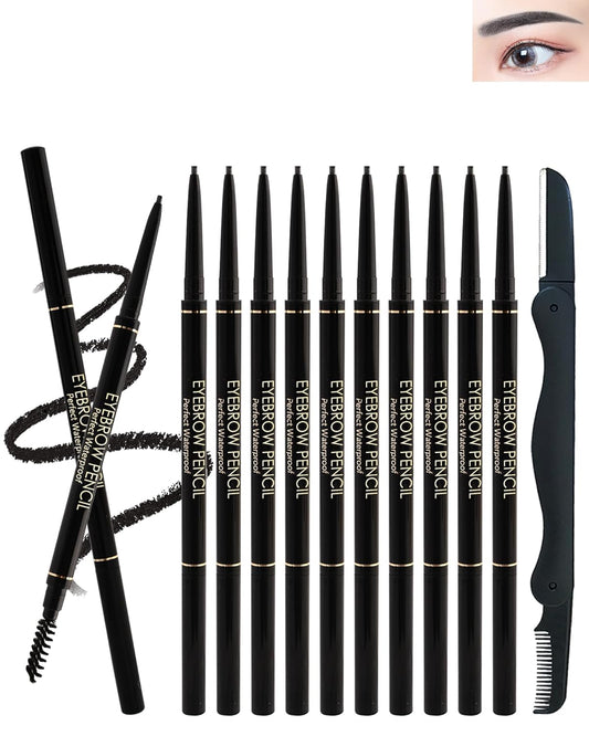 12Pcs Waterproof Black Eyebrow Pencil Set, Professional Brow Micro Eyebrow Retractable Pencil, Ultra Fine Long Lasting for Perfect Eye Liner Brows Women Eye Makeup Shaping & Filling Brow Gel Pen- 01