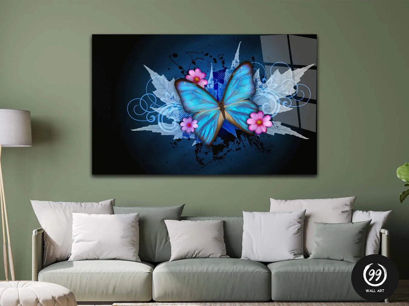 Abstract Blue Butterfly Tempered Glass Printing Wall Art, Wall Decor