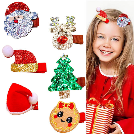 6 Pcs Christmas Hair Clips Xmas Hair Accessories Cute Santa Claus Christmas Tree Reindeer Glitter Sequins Hair Barrettes Holiday Headdress Hairpin for Girls Women Kids Party Cosplay Gift