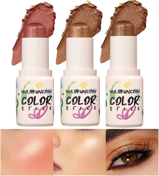3 Pack Multi-Use Facial Contour Stick, Shades with Highlighter & Blush & Eyeshadow All in One Makeup Stick Contour Makeup Trio Cream Blush Sticks Create a Lightweight Finishing Makeup (SetB)