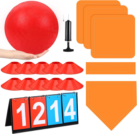 18 Pcs Sports Kickball Set Includes 10 Inches Playground Ball 5 Rubber Throw Down Bases Ball Pump Scoreboard Net Bag 10 Foul Line Cones for Kids Adults Playground School Backyard Game