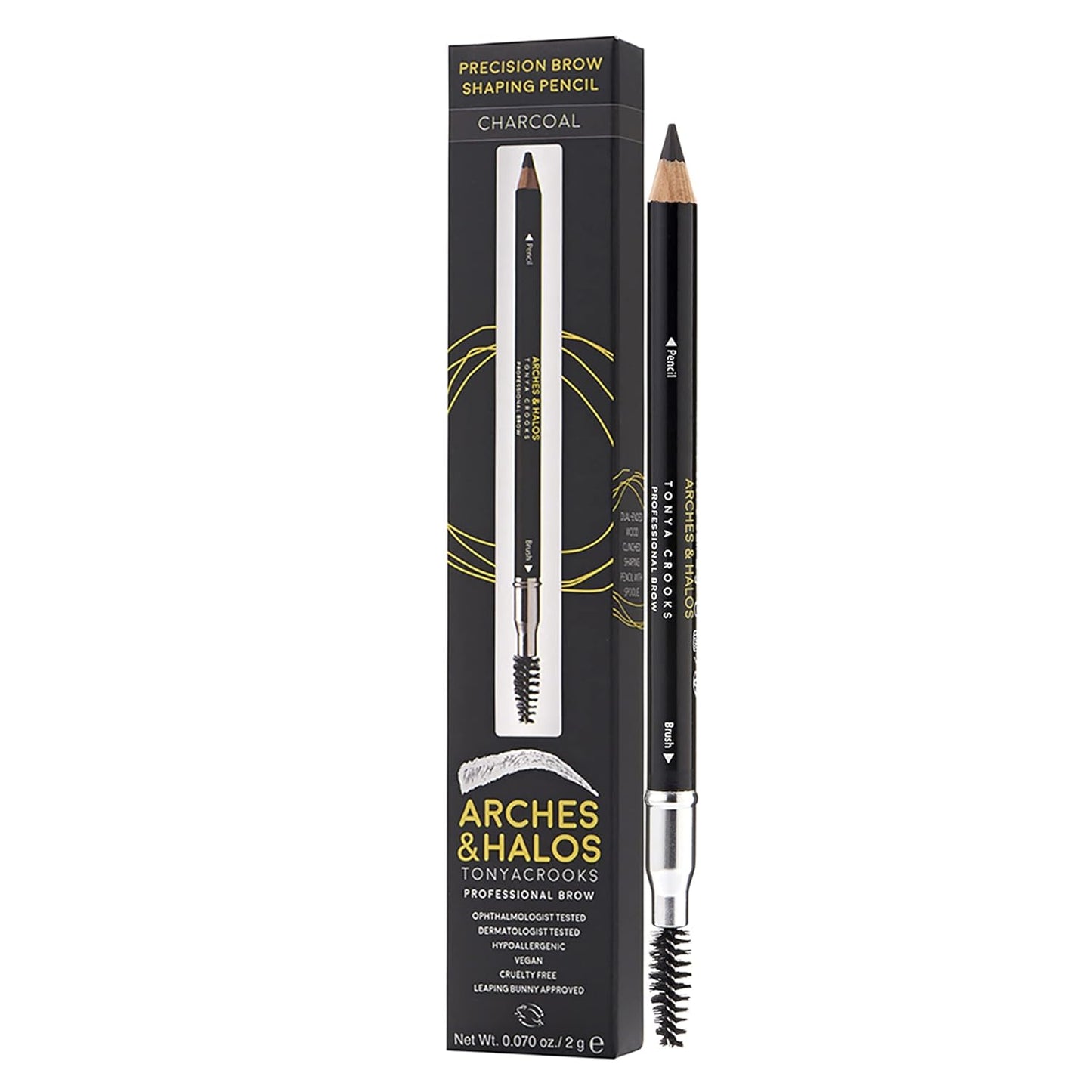 Arches & Halos Precision Brow Shaping Pencil - Dual Ended Wood Pencil - Buildable, Pigmented, Precise Brow Color - Vegan and Cruelty Free Makeup -Charcoal, 0.07 oz