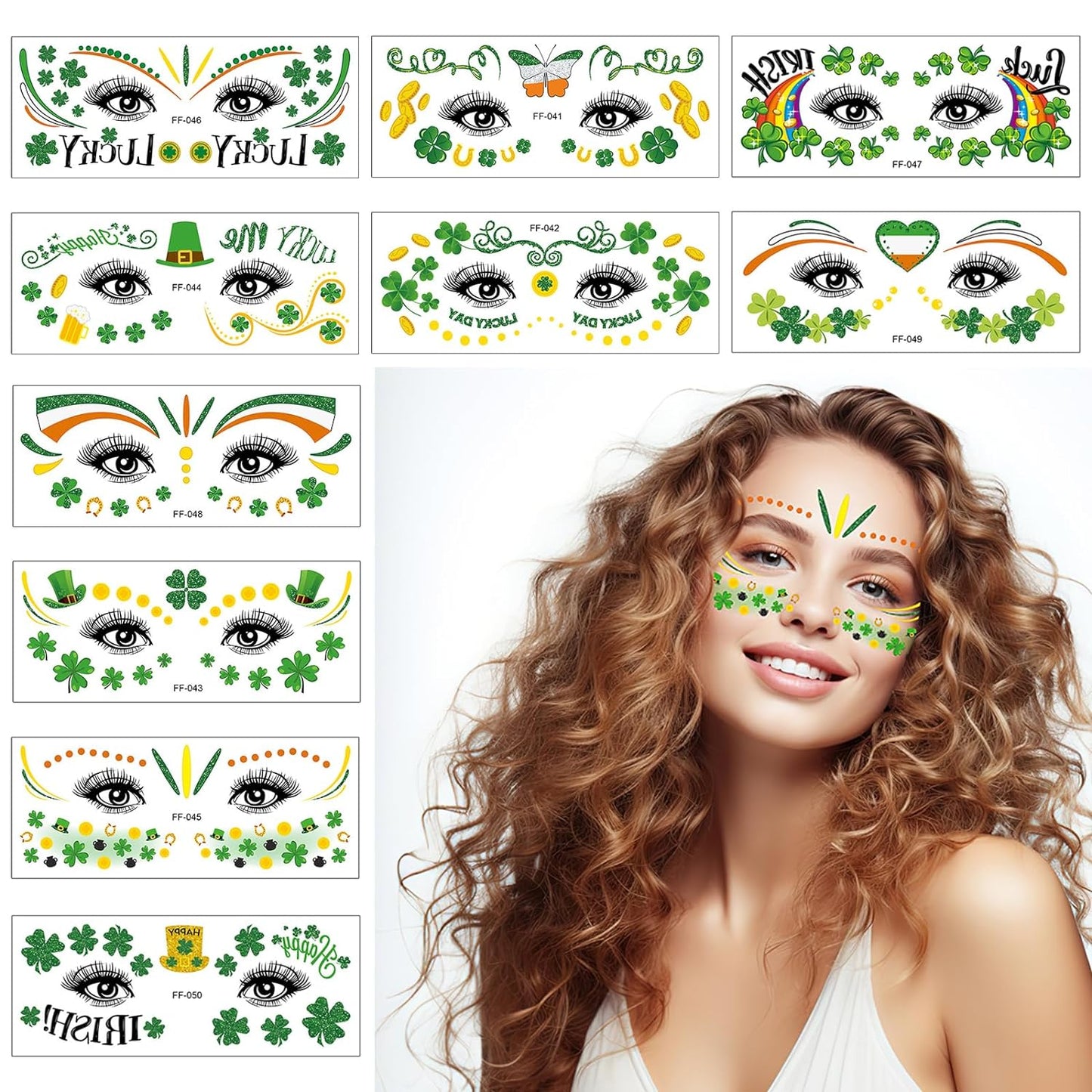 AUOCATTAIL 10 sheets St. Patrick's Day Face Eye Tattoos Stickers Glitter Shamrock Hat Waterproof Temporary Tattoos Stickers for St. Patrick's Day Irish Party Kids Adults Make Up Accessory