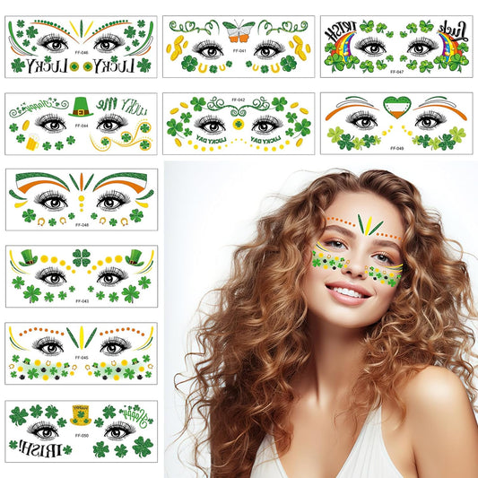 AUOCATTAIL 10 sheets St. Patrick's Day Face Eye Tattoos Stickers Glitter Shamrock Hat Waterproof Temporary Tattoos Stickers for St. Patrick's Day Irish Party Kids Adults Make Up Accessory
