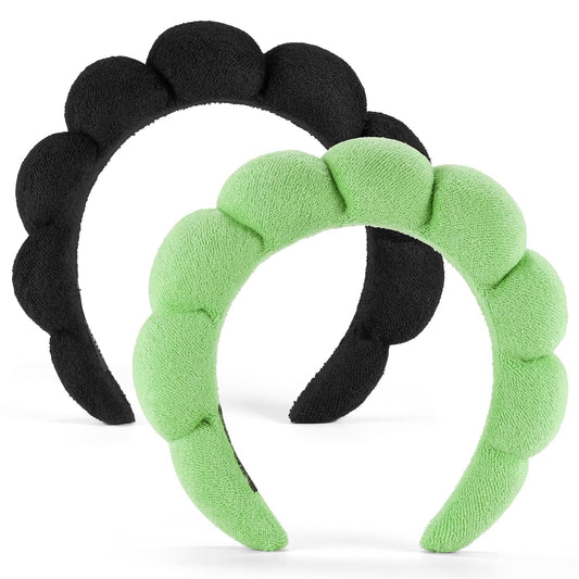 Ztomine Spa Headbands for Washing Face or Facial, Set of 2 Skincare Headbands, Terry Cloth Headband Wash Combo Pack - Puffy Makeup Washing, Mask, Skin Treatment (Black & Green)