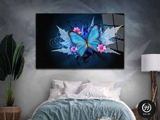 Abstract Blue Butterfly Tempered Glass Printing Wall Art, Wall Decor