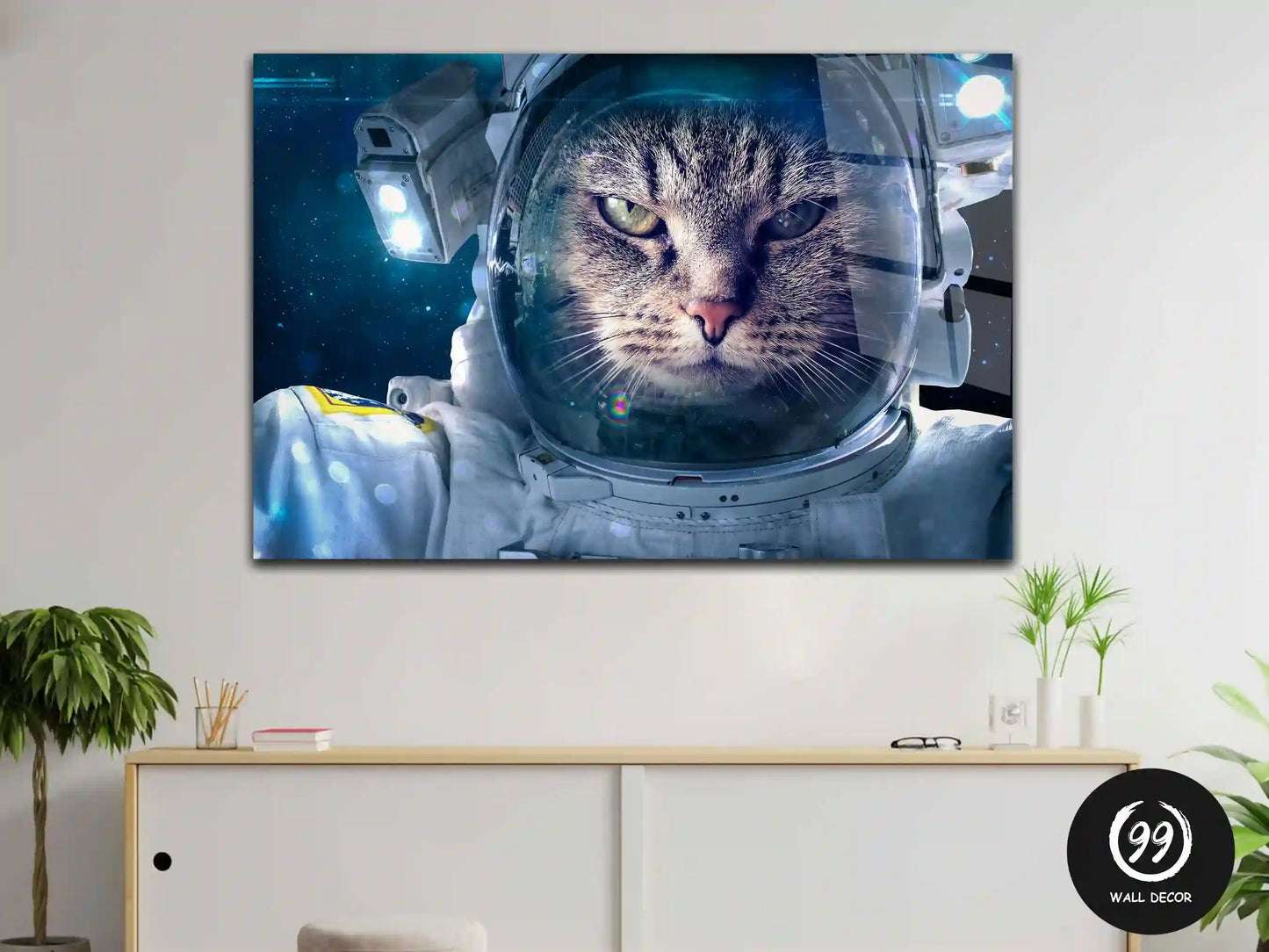 Astronaut Cat in Space Wall Art, Home Decor, Glass Wall Art