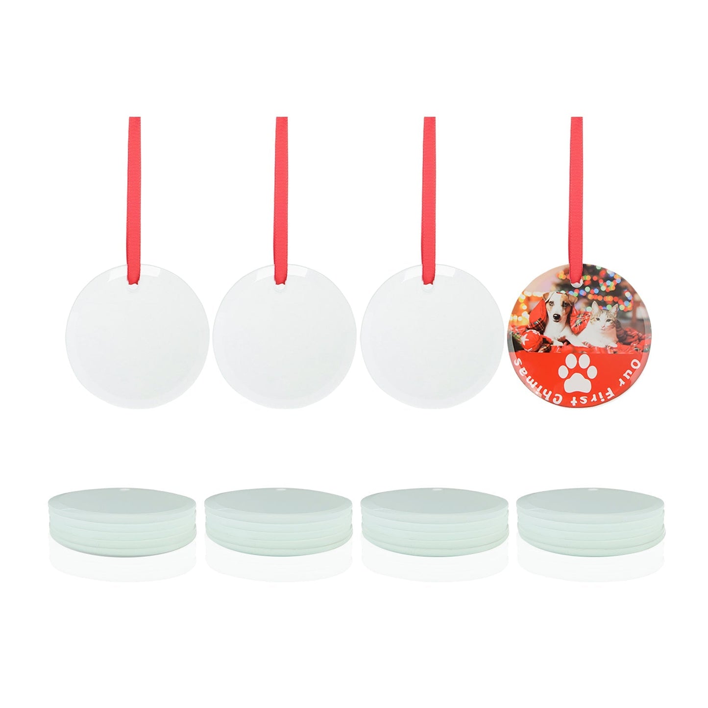 Wholesale Sublimation Glass Ornament Round with Red Ribbon 3 Inch 240 PCS
