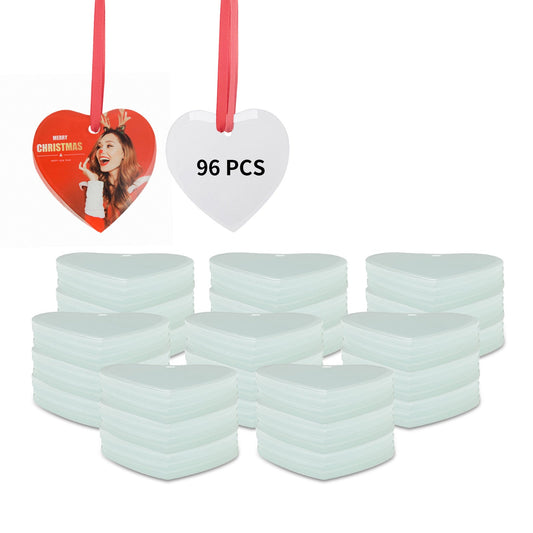 Wholesale Sublimation Glass Ornament with Red Ribbon 3 Inch Heart 96 Pieces