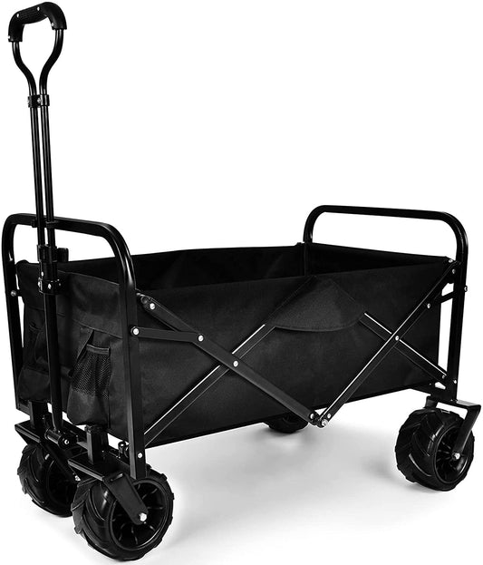YSSOA Heavy Duty Folding Portable Cart Wagon with 7'' Widened All-Terrain Wheels,Black