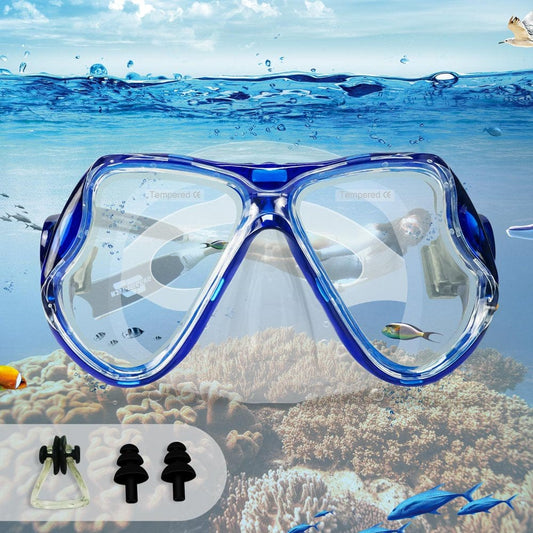 Anti-Fog Diving Mask Tempered Glass Lens, Scuba Mask with Nose Clip and Earplugs, Snorkel Swim Goggles for Adults/Teens Adjustable Strap