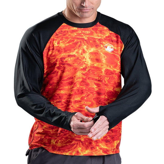 Aqua Design Rash Guard Men Long Sleeve Thumb Hole UPF 50+ Rashguard Swim Shirts: Liquid Lava/Black Size Large