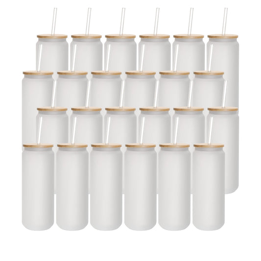 Wholesale Sublimation Glass Can Frosted White With Bamboo Lid And Glass Straw 25 OZ 24 Pieces