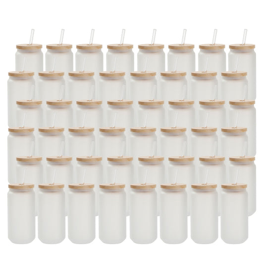 48 Pack Sublimation Blanks Glass Cans Tumblers Frosted Bulk 18 OZ with Bamboo Lid and Glass Straw