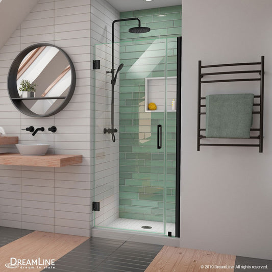 Unidoor-LS 32-33 in. W x 72 in. H Frameless Hinged Shower Door in Satin Black