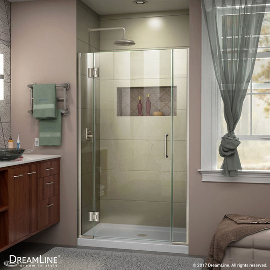 Unidoor-X 38-38 1/2 in. W x 72 in. H Frameless Hinged Shower Door in Brushed Nickel